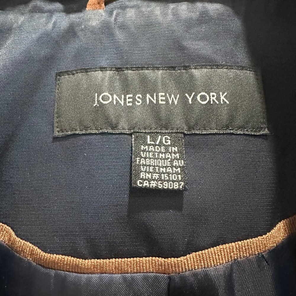 Sz M Womens Jones New York Trench Coat Mid Length Navy Belt Vent Full Zip satin - Picture 3 of 11